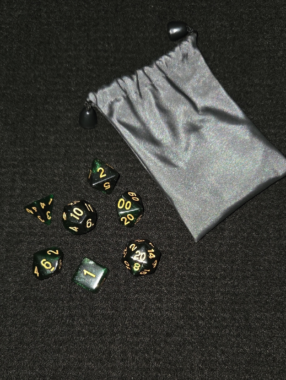 Green and Gold RPG Dice Set with Gray Drawstring Pouch